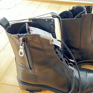 New Zara Black Combat Ankle Buckle Leather Boots 39- 8